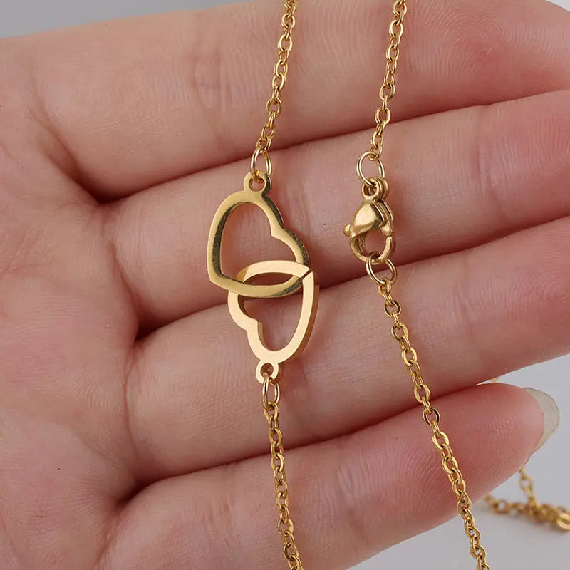 Double Heart Name Necklace - Couples Necklace